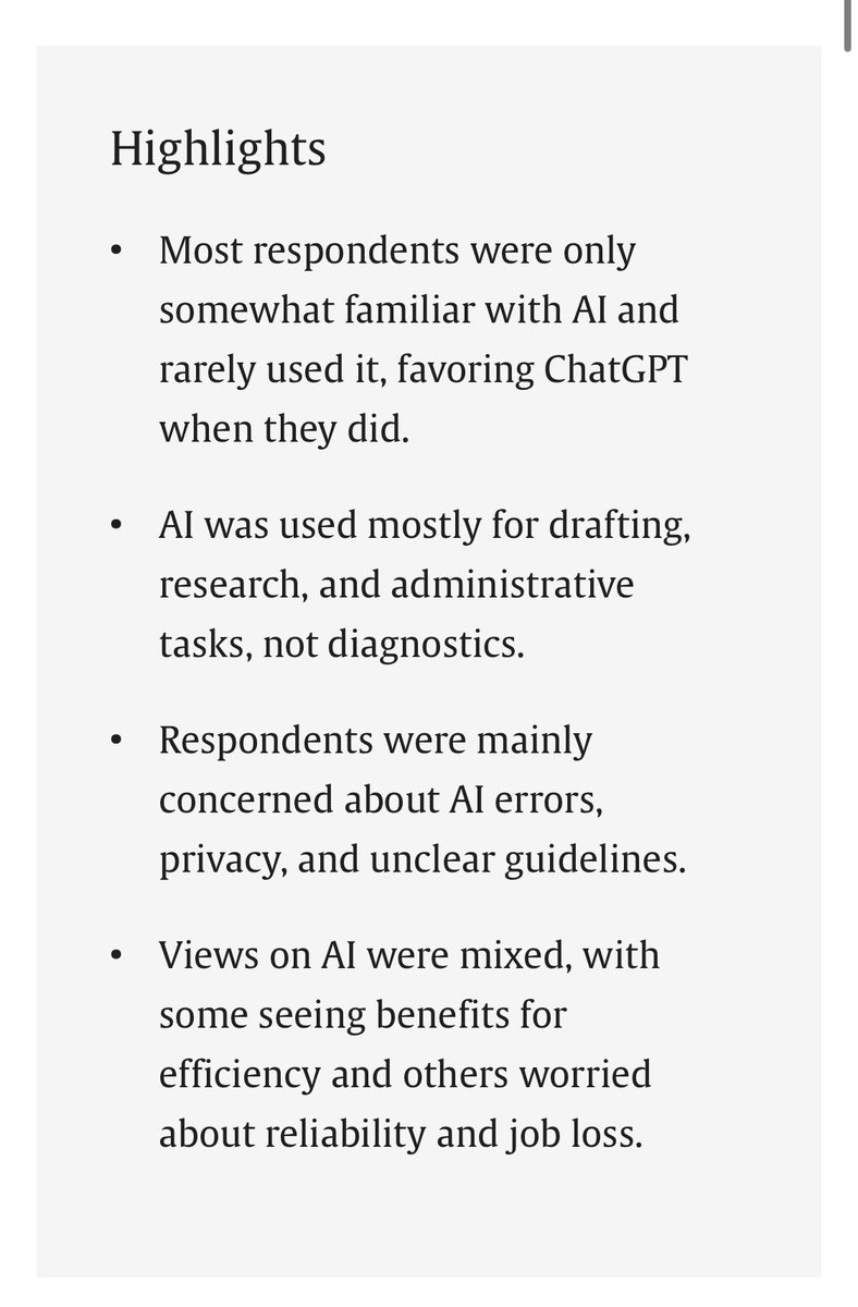 📢 New study alert!
🖥️Pathologists are cautiously exploring AI: familiar but not frequent users.
💿Mostly used for writing &amp; research — not diagnosis.
👩‍💻Concerns: privacy, errors &amp; unclear guidelines.
Read more: sciencedirect.com/science/articl…

Thoughts?💭 
#Pathology #AI #MedTwitter