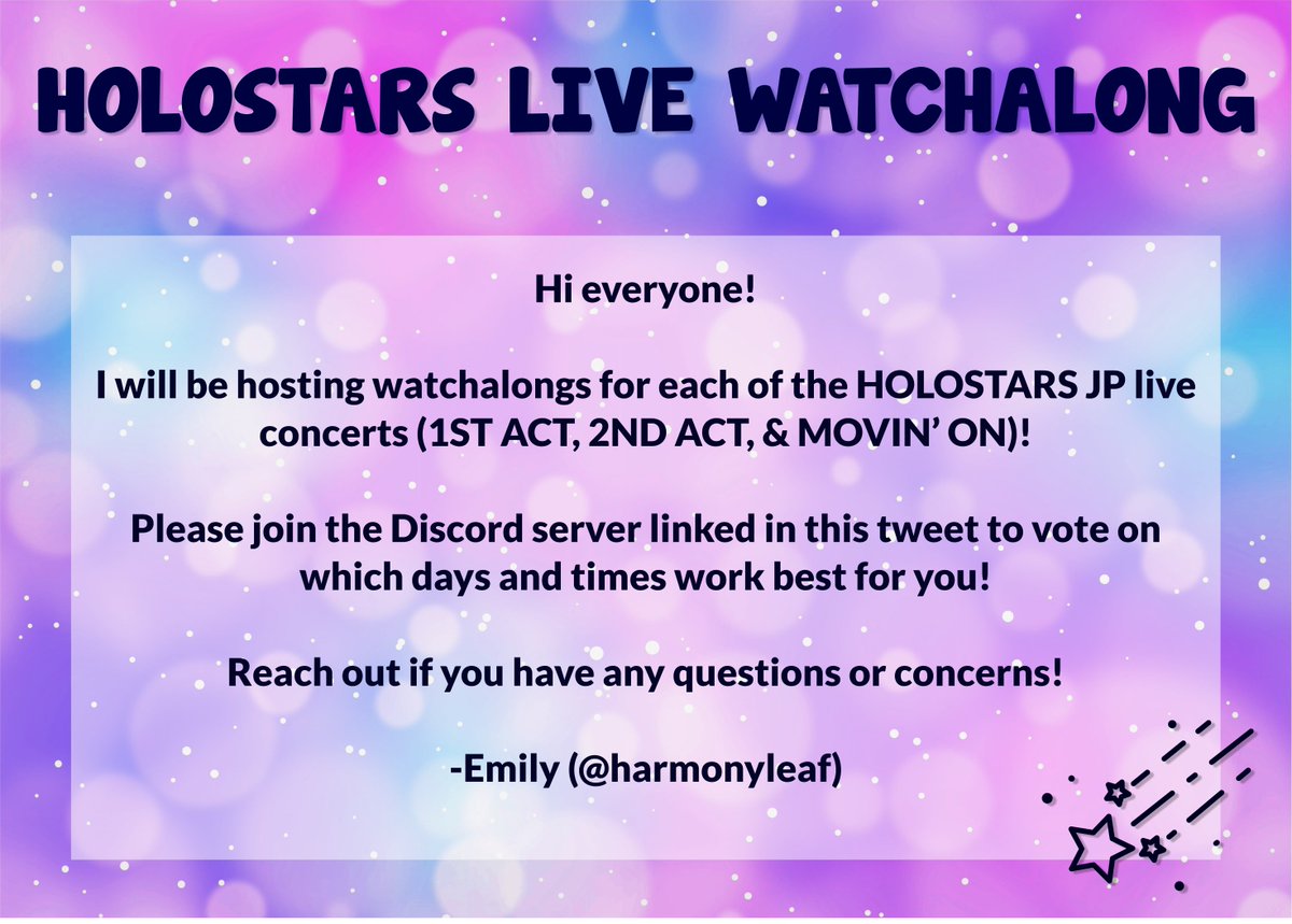 ✨ HOLOSTARS JP LIVE WATCHALONG ✨

(rts appreciated)

since so many people expressed interest in doing watchalongs of the three concerts, here is more info!!

please join the discord server to vote on what days and times work best for you! ➡️discord.gg/eaFMtqqYKb