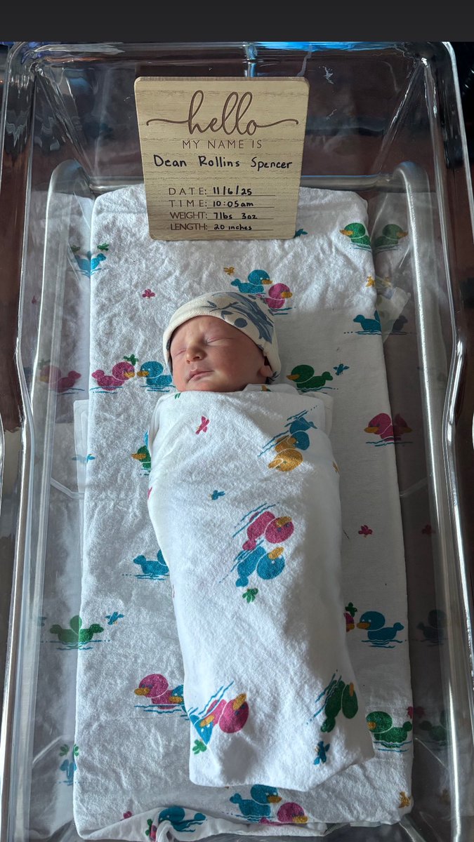 DTspencer9's tweet photo. The Spencer Family is Complete!
Dean Rollins Spencer made his debut 11/6/25 at 10:05am.
We are so incredibly blessed by the good Lord. All are doing great! Thank you to our family and friends for the infinite amounts of love and support!
#deanthemachine #spencerpartyoffive https://t.co/QkKl7vBVH9