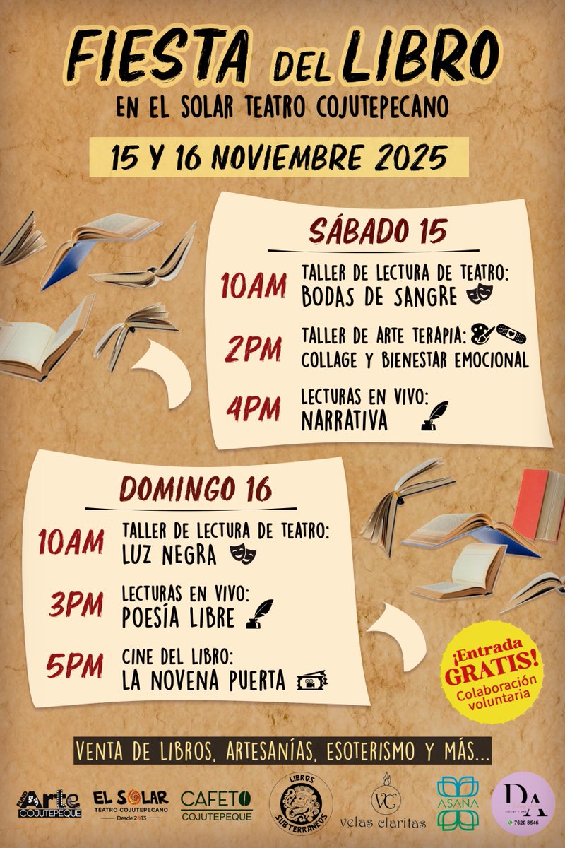 ¡Fiesta del libro en El Solar!
15 y 16 de noviembre 2025

#leer #Reading #lectura #literatura #Literature 
#Libros #Books 
#Cojutepeque #Cuscatlan #ElSalvador