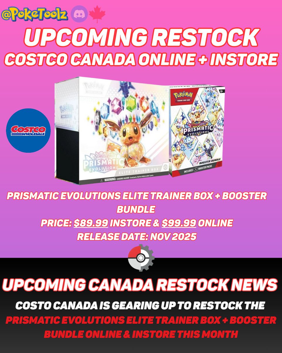 🚨 COSTCO CANADA RESTOCK INCOMING 🚨
The Prismatic Evolutions ETB + Booster Bundle is set to restock online &amp; in-store this November! 👀🇨🇦
📦 $89.99 in-store
💻 $99.99 online
🕒 Drop could happen any day now — stay sharp.

Premium also knows first ⚡
🔗 discord.gg/poketoolz