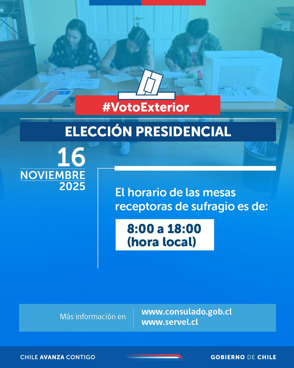 🗳️ #VotoExterior | RECUERDA: El 16 de noviembre es la Elección Presidencial en Chile y en el extranjero.
Encuentra más información en bit.ly/votoexterior20…