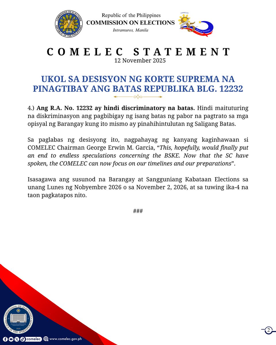 COMELEC's tweet image. 𝐂𝐎𝐌𝐄𝐋𝐄𝐂 𝐒𝐓𝐀𝐓𝐄𝐌𝐄𝐍𝐓 | 𝟏𝟐 𝐍𝐨𝐯𝐞𝐦𝐛𝐞𝐫 𝟐𝟎𝟐𝟓

𝐔𝐊𝐎𝐋 𝐒𝐀 𝐃𝐄𝐒𝐈𝐒𝐘𝐎𝐍 𝐍𝐆 𝐊𝐎𝐑𝐓𝐄 𝐒𝐔𝐏𝐑𝐄𝐌𝐀 𝐍𝐀 𝐏𝐈𝐍𝐀𝐆𝐓𝐈𝐁𝐀𝐘 𝐀𝐍𝐆 𝐁𝐀𝐓𝐀𝐒 𝐑𝐄𝐏𝐔𝐁𝐋𝐈𝐊𝐀 𝐁𝐋𝐆. 𝟏𝟐𝟐𝟑𝟐

#COMELEC
#COMELECSTATEMENT
#BSKE2026 #2026BSKE