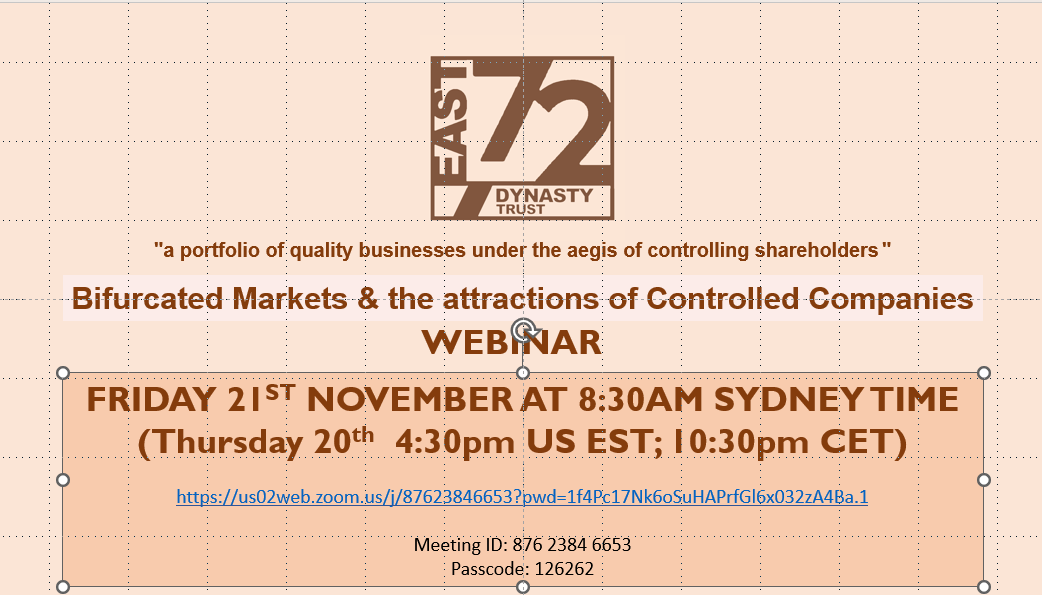 <a href="/East72Dynasty/">East 72 Dynasty Trust</a>  Zoom webinar a week Friday (AEST) at 8.30am (Thursday 20th in Northern Hemisphere). All welcome