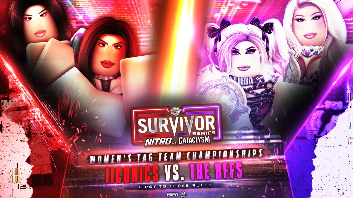 OPRW_ROBLOX's tweet image. IT'S OFFICIAL!🚨

The "BFF's" @BvchBoricua and @RoyalMaestruo head into their first tag team title defense representing CATACLYSM, as they take on NITRO's #IIconics!

Will the IIconics be able to bring the belts over to Tuesdays, or will The "BFF's" be able to keep the titles on