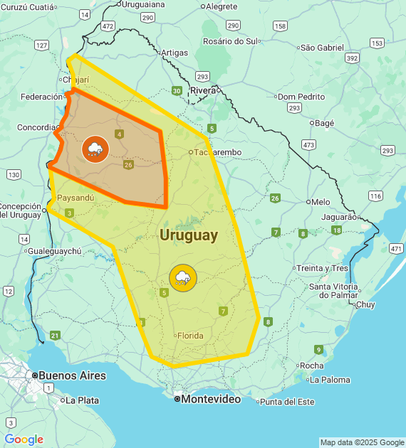 Advertencia meteorológica naranja por Tormentas fuertes y puntualmente severas
Advertencia meteorológica amarilla por Tormentas puntualmente fuertes y lluvias abundantes
Se actualizará a las 02:30 o ante cambios significativos

Más info: inumet.gub.uy