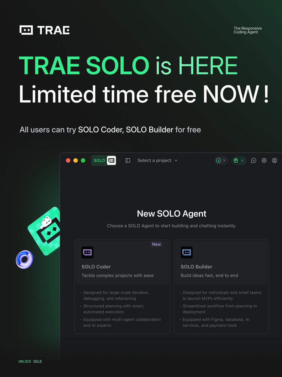 Trae_ai's tweet image. We’ve just opened limited-time FREE access for SOLO GA — for those who can’t wait to start their Kessel Run early!🔥

Download the latest version from trae.ai and start building today 🛸

Official launch begins tomorrow, 11.12.2025 at 9:00 AM PST.