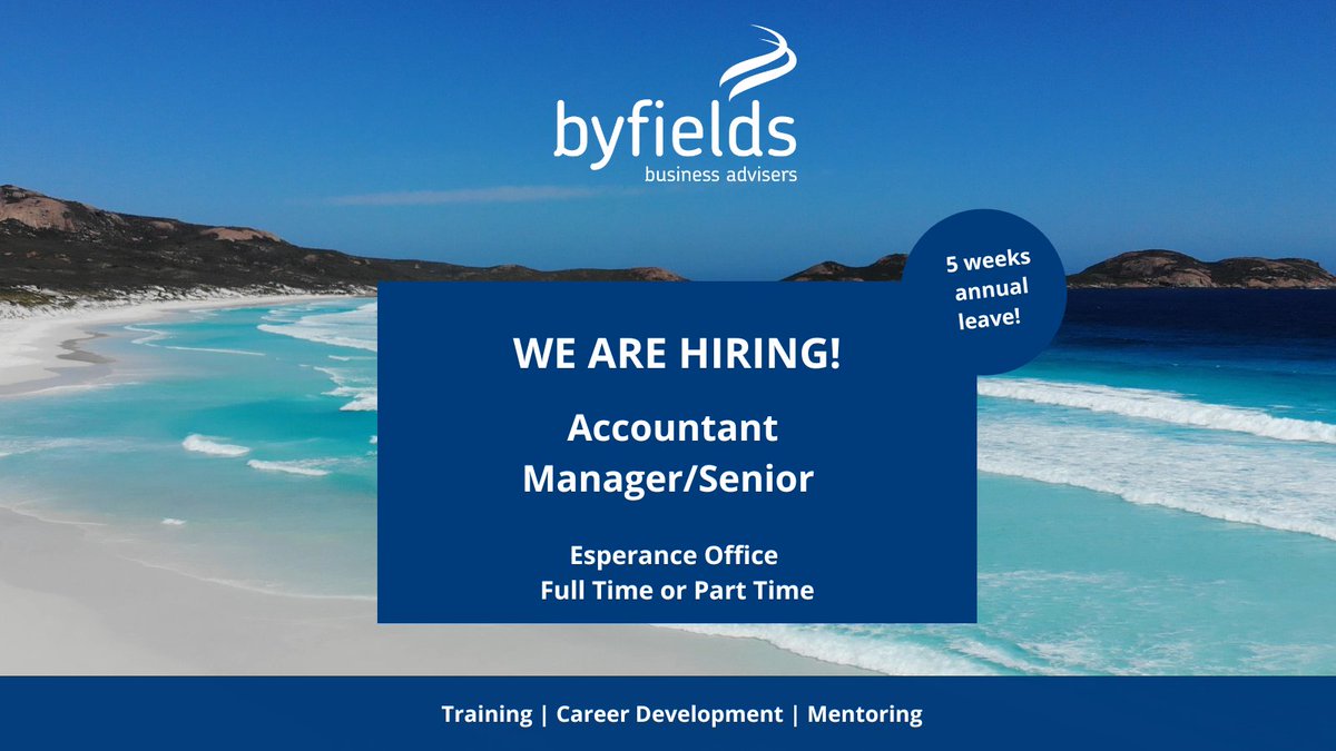 ByfieldsWA's tweet image. WE ARE HIRING – ESPERANCE | Manager/Senior Accountant Full Time or Part Time

Shape your future with Byfields! Lead with purpose, grow your career, and enjoy coastal living in Esperance.

Apply: ow.ly/YKwk50Xqinu

#AccountingCareers #RegionalCareers #WorkAtByfields #WAJobs