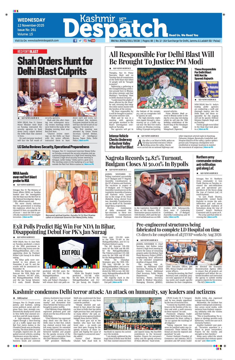 Good morning.
This is the front page of Wednesday's edition of #KashmirDespatch.

For more news, click here;
epaper.kashmirdespatch.com