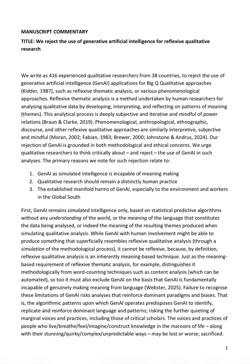 jecondraysbak's tweet photo. I support the rejection of the use of generative AI in qualitative research. Please see their full commentary here. https://t.co/DlmxEeHt23 https://t.co/Wm7TRnqLEv