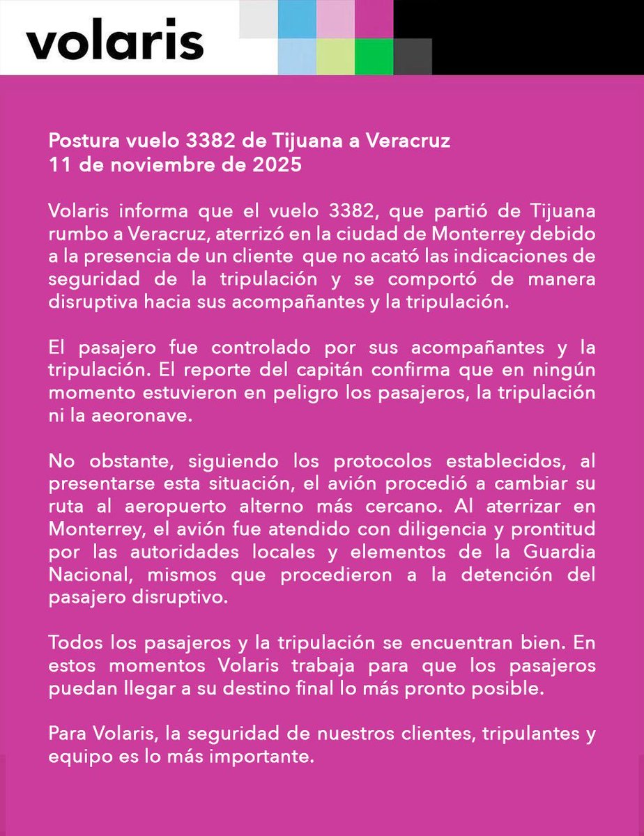 #VolarisInforma Sobre lo ocurrido durante el vuelo 3382 en la ruta  Tijuana - Veracruz