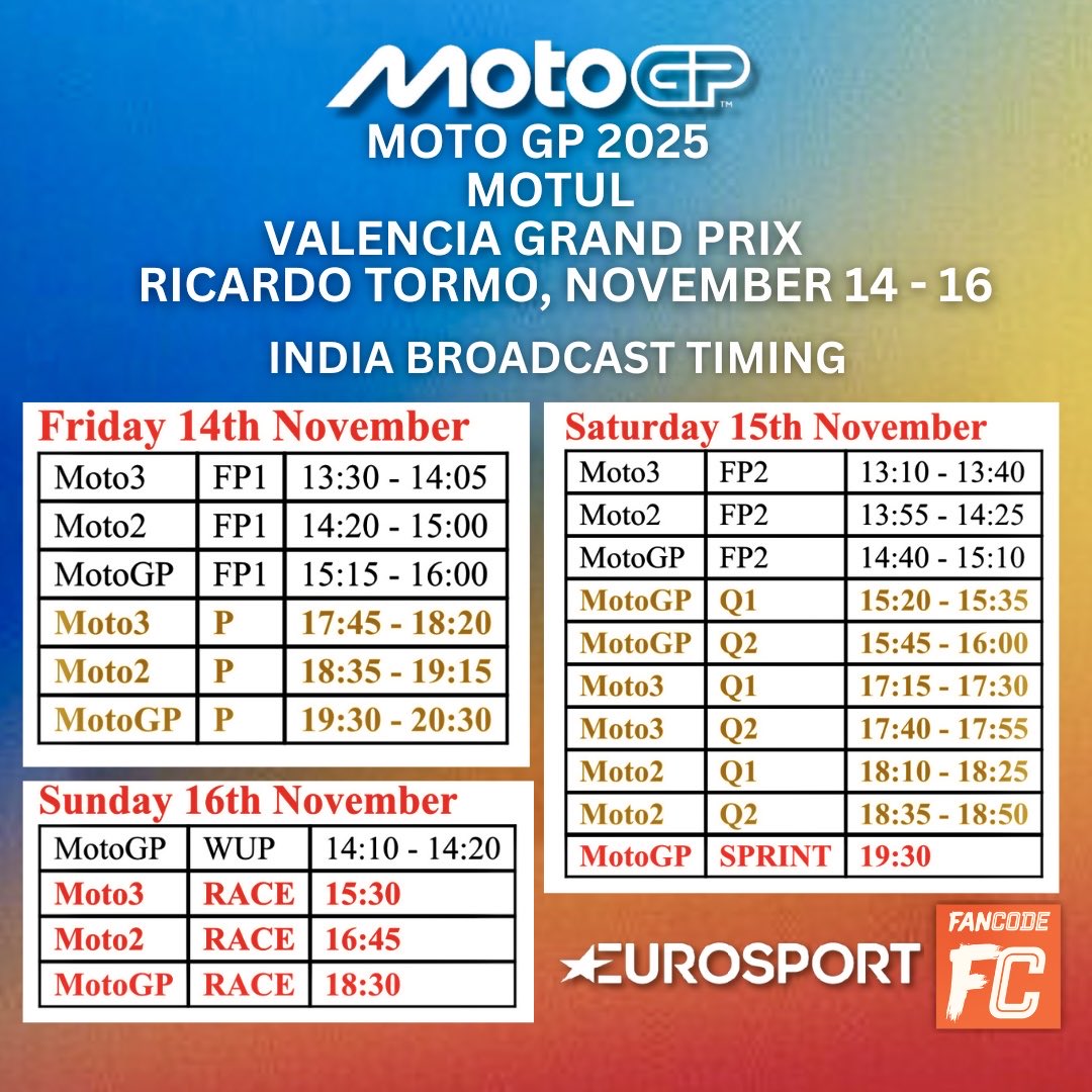 cfmagindia's tweet image. Here’s the GRAND FINALE of the @motul #ValenciaGP @MotoGP #IndianMotoGPBroadcastSchedule this weekend LIVE on @EurosportIN and #FanCode! 

#MotoGP #Spain @ConEspMumbai @EmbEspIndia @CircuitValencia @Ducati_India @India_KTM @honda2wheelerin @India_Yamaha