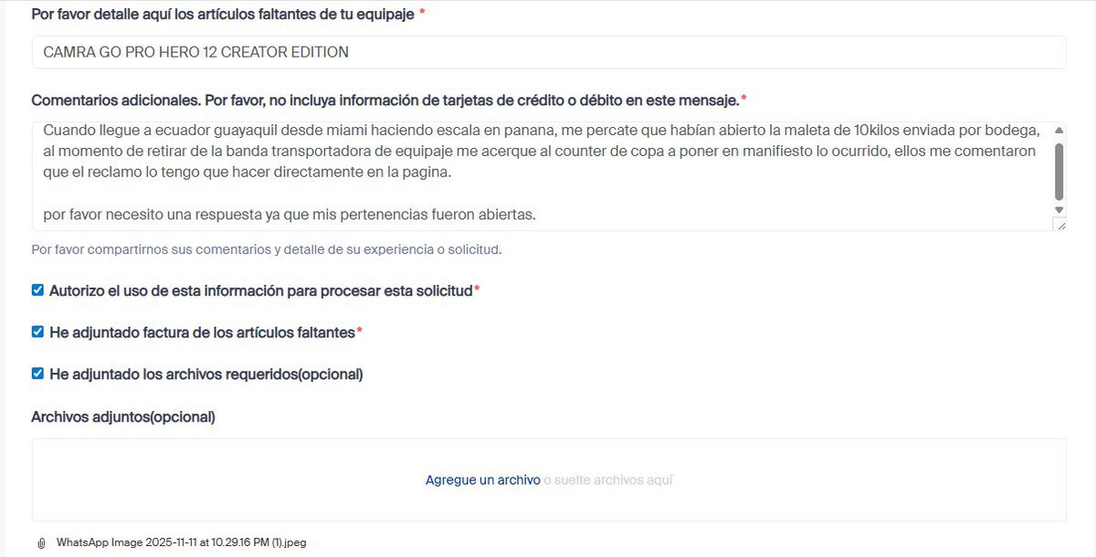 AlvaradoCh81265's tweet photo. Hoy abrieron la maleta de mi papá en copa vuelo de Miami a Guayaquil con escala en Panamá la aerolínea me dice que tenemos que hacer el reclamo en la página porque el Call center no te respuesta y nadie te ayuda, intento mandar el reclamo y no me deja la pag

@CopaAirlines #robo https://t.co/JkZvptZFdr