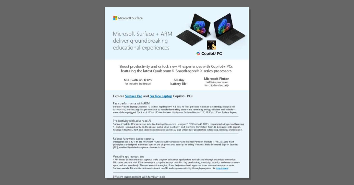 SafePCSolution's tweet image. Check out Microsoft #Surface Copilot+ PCs in K-12 education. Promising all-day battery life, advanced AI features, and powerful performance. Review this datasheet and contact SafePC Solutions to order today! stuf.in/bhhdpy