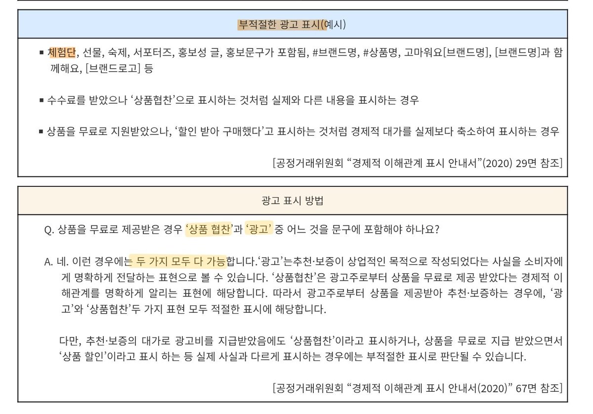 브랜드로 부터 무상으로 받은 제품으로 후기쓸때는
무상으로 받은 사실만 반영하면됨
(후기 필수여부와 관계 없음)

무조건 #제품협찬 #제품제공 #무료지원 #무료제공 등 명확한 표현으로 최상단 기재.
(본문은 한글인데 #Gift 등의 영어태그도 부적절함)

#체험단 이라는 태그는 부적절한 예시에