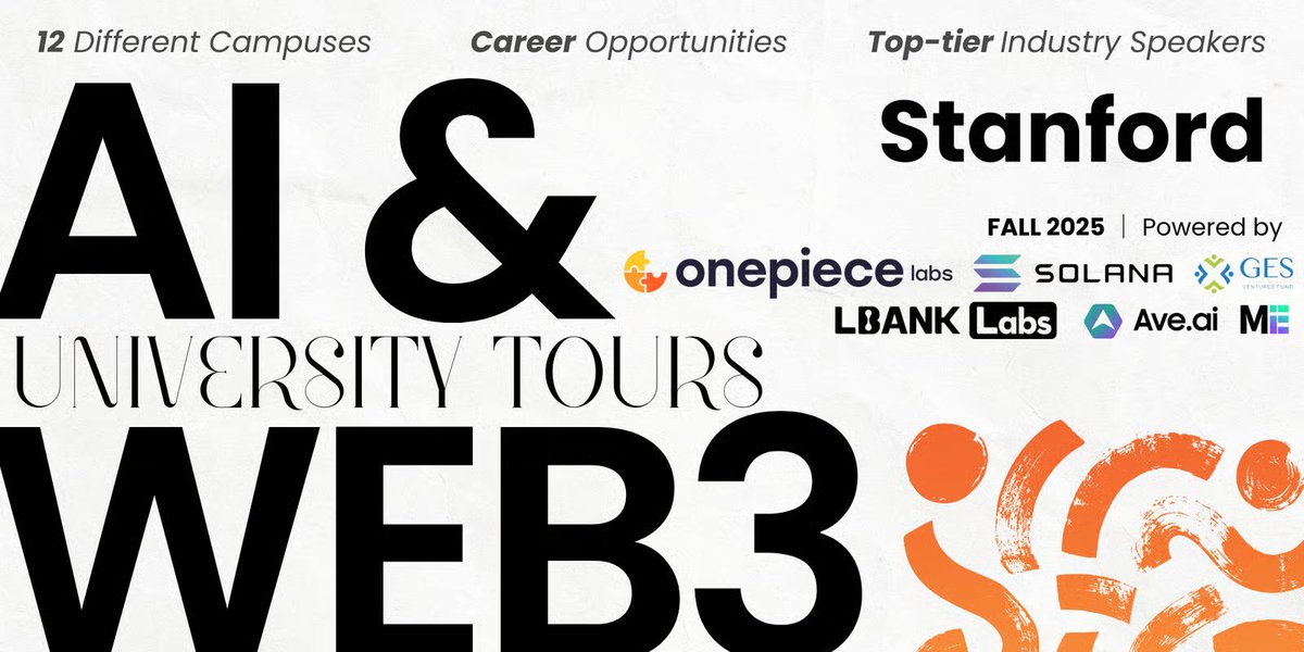 OnePieceLabs's tweet photo. 🚀 AI & Web3 University Tour @ Stanford — Final Stop!

We’re closing out our 2024 Fall Tour at Stanford University, right in the heart of Silicon Valley — where groundbreaking ideas meet the frontier of AI and blockchain innovation 🤖🌐

🗓 Nov 14 (Fri) | 🕠 5:30 – 8:00 PM
📍 B144, EVGR Building B, 735 Campus Drive, Stanford, CA 94305
🔗 RSVP: https://t.co/eGJJdFngNx
🥤 Snacks & Drinks Provided