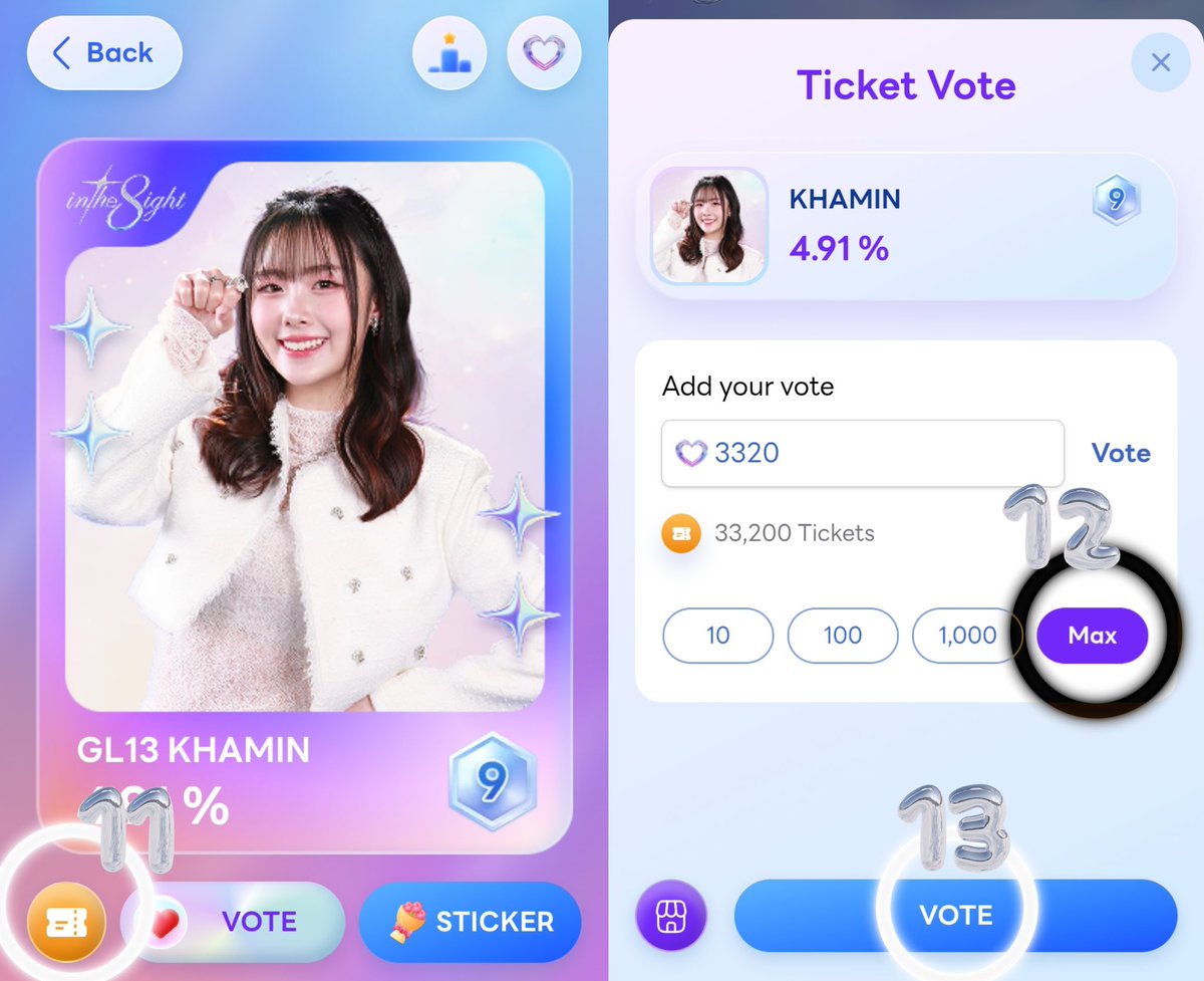 สำหรับพี่ๆ FC BNK รุ่น123456  สำหรับสายฟรีนะคะ 
1⃣  แต่หากซัพ True vision 99  มารับ PremiumPack ก่อนนะคะ เพราะจะได้รับ 🟨 3000Vote ทำตามภาพ2-4
2⃣ หากไม่มีทำตามภาพ 1 &amp; 4 

+
👉🏻 ส่วนใครจะเปย์เพิ่ม Coin 🟪รุ้งส่งแบบStickerได้แต้มมากกว่า💪🏻 นะคะ

inthe8ight.com/en/artist/GL13

#KhaminManipa