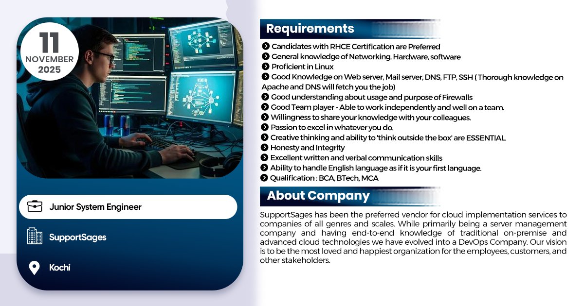 linuxgroup's tweet image. Junior System Administrator Job #1networksupportengineer #Jobsearch #JobAlert #jobvacancy #ipsrjobs #jobs2025 #ipsr #25yearsofipsr #careeropportunity #ltjobs #MNCJobs #techcelerating_careers #devops #AWS #vacancy