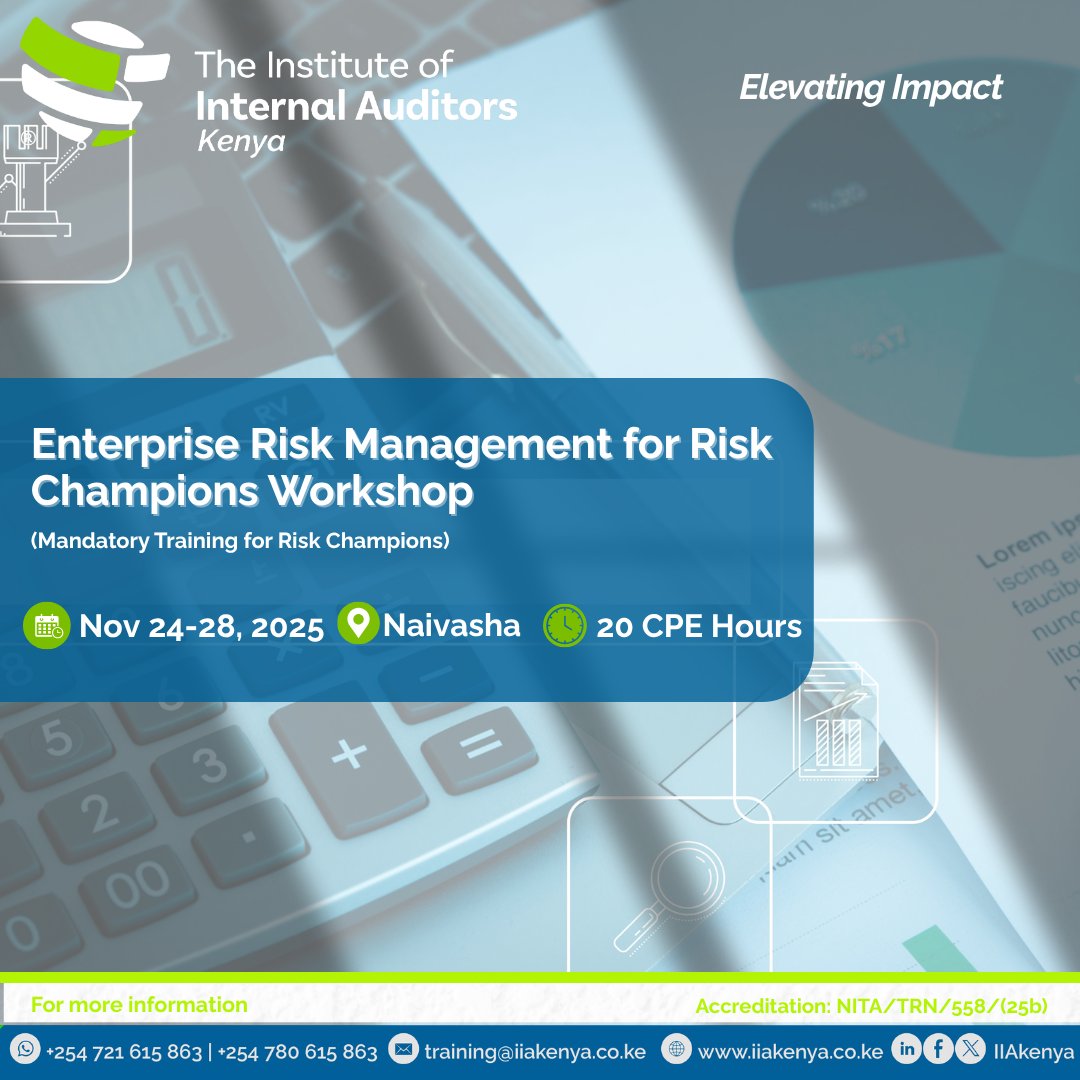 IIAKenya's tweet image. Join us for the ERM for Risk Champions Workshop, designed to empower professionals with the tools to identify, assess, and manage risks effectively. Don’t miss this opportunity to strengthen your organization’s resilience.  Register at iiakenya.glueup.com/event/enterpri…