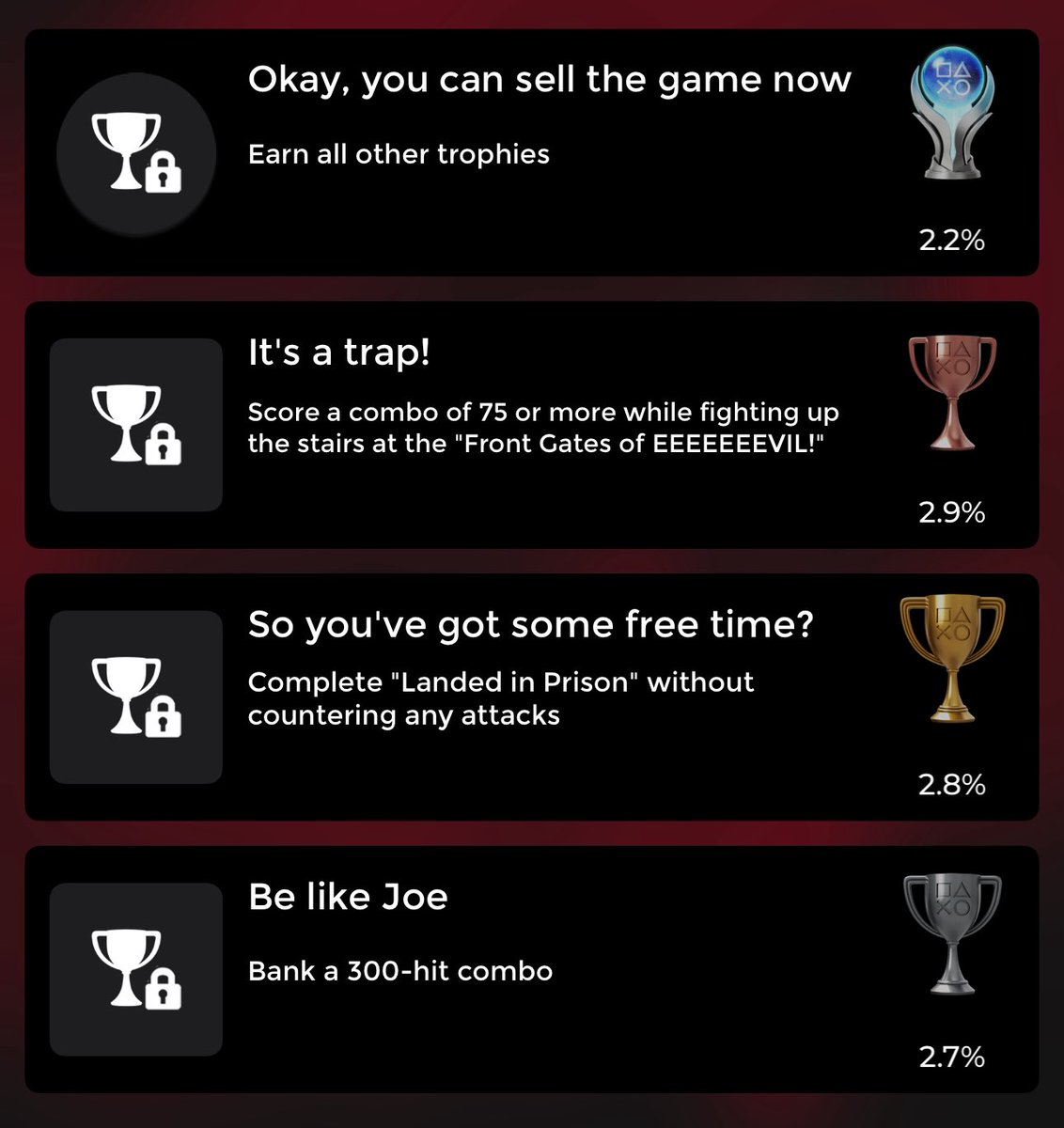 Heres Update #5 on Deadpool: Got done with Ultra Violence Difficulty, wasn’t easy but glad it’s over, next gotta finish the 3 remaining trophies then Platinum will be mine! 🙂

#PS3 #PS4 #PS4Share #PS5 #PS5Share #PlayStation #PlayStationTrophy #gaming #videogames #Deadpool