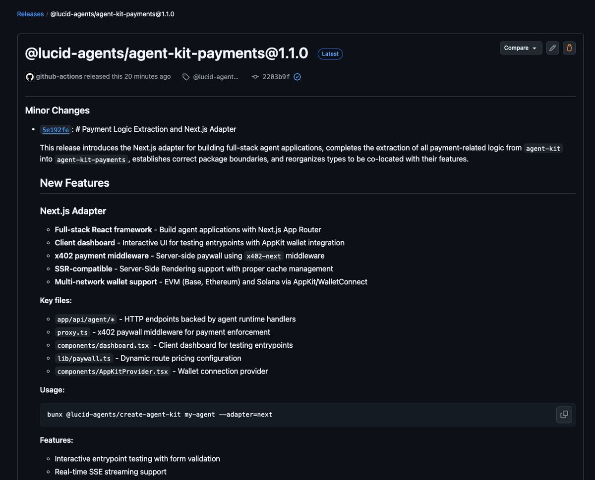 lordOfAFew's tweet image. LUCID AGENTS 1.4.0

Major overhaul of how payments work lining up for more standards in the future.

💫 NEXT.js boilerplate now for all you lovers...
+ more goodies

github.com/daydreamsai/lu…

@daydreamsagents