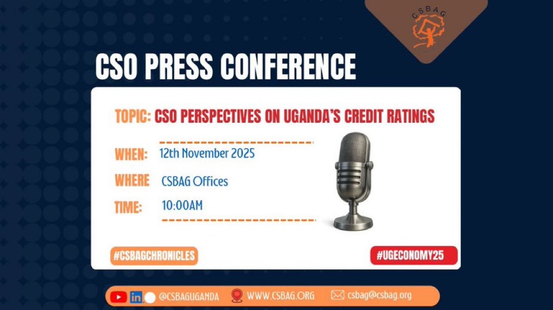 NamazziNaymah's tweet image. The CSO Press Conference kicks off today at 10AM at @CSBAGUGANDA offices.
Topic: CSO Perspectives on Uganda’s Credit Ratings
Stay engaged using #CheckTheScoreUG #USD500BillionEconomy