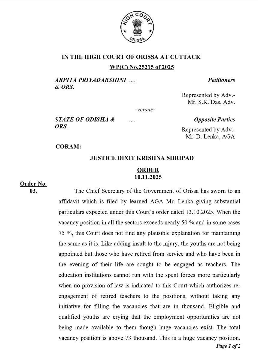 ଓଡିଶାରେ ପ୍ରାୟ ୭୩,୦୦୦ ଶିକ୍ଷକ ପଦ ଖାଲି ଅଛି। ଏଥିରୁ ପ୍ରାୟ ୫୩,୦୦୦ ପଦ ପ୍ରାଥମିକ ସ୍ତରରେ ଖାଲି ରହିଛି,ଯାହାକୁ ସରକାରଙ୍କ ଅଧିବକ୍ତା ମହାମାନ୍ୟ ହାଇକୋର୍ଟ ସମ୍ମୁଖରେ ସତ୍ୟପାଠ କରିଛନ୍ତି।ଏହି ବର୍ଷ ମଧ୍ୟରେ ଦୟାକରି ୨୫,୦୦୦ ନୂଆ ପ୍ରାଥମିକ ଶିକ୍ଷକ ପଦବୀ ଶୀଘ୍ର ଘୋଷଣା କରି,ପ୍ରାଥମିକ ଶିକ୍ଷାକୁ ନୂଆ ଦିଗ ଦିଅନ୍ତୁ.<a href="/CMO_Odisha/">CMO Odisha</a>