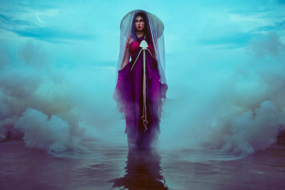 nimblenoor's tweet image. this cosplay photo is of me standing on a stepladder in an actual lake with an actual smoke b0mb and some people think it&apos;s fanart but nope