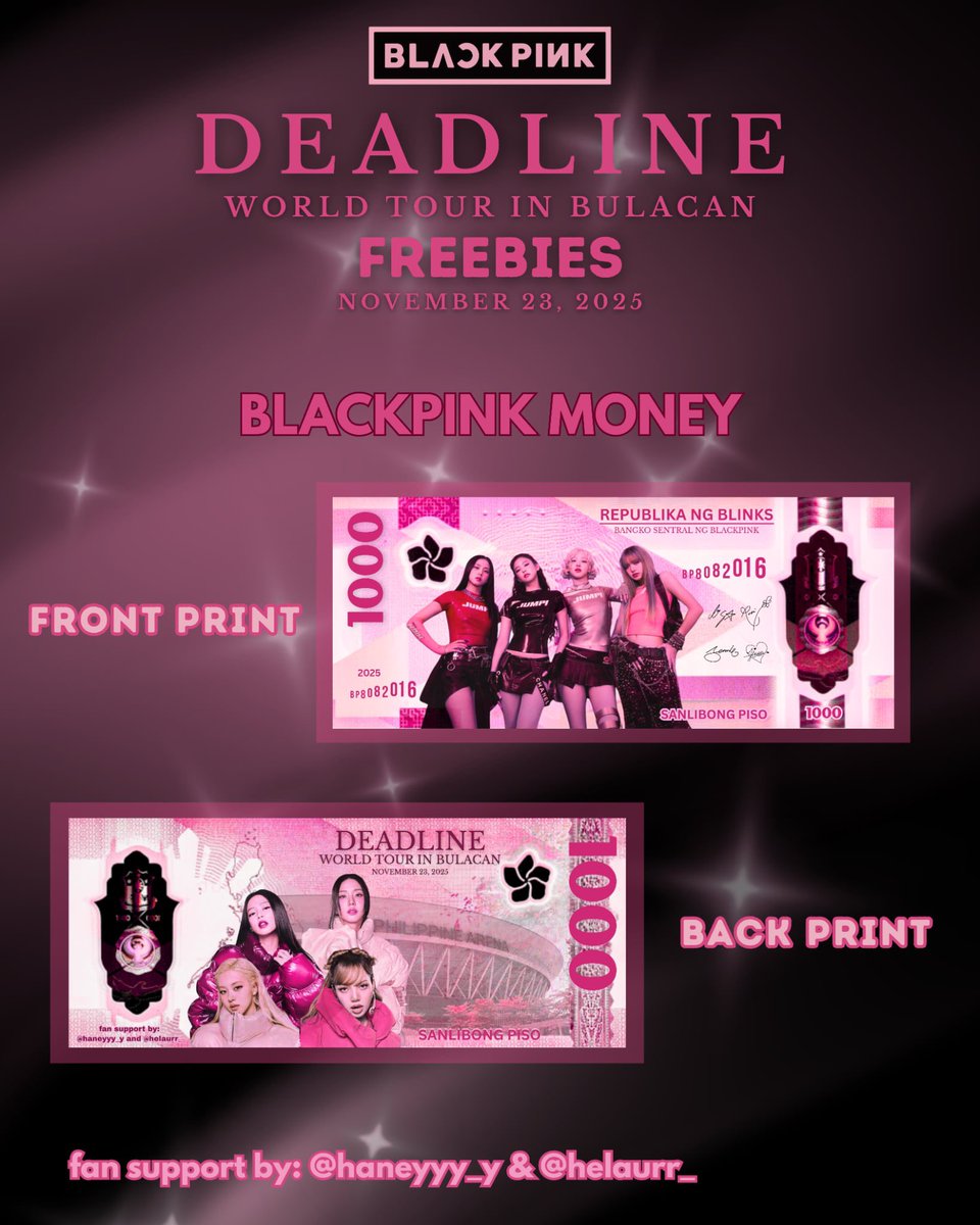 💸 BLACKPINK cash drop in Bulacan 💗
Nov. 23 (Day 2)🖤

pt.1 of our fan support, 
by <a href="/haneyyy_y/">Dionnalie Gacus</a> &amp; <a href="/helaurr_/">Aki 💗</a> 💕
Dropping some BP money — grab yours and join the fun! 💗

💕 Like &amp; RT
💕 MBF (optional)
💕 1:1 only
💕 Open for trade

#BLACKPINK #DEADLINE_IN_BULACAN