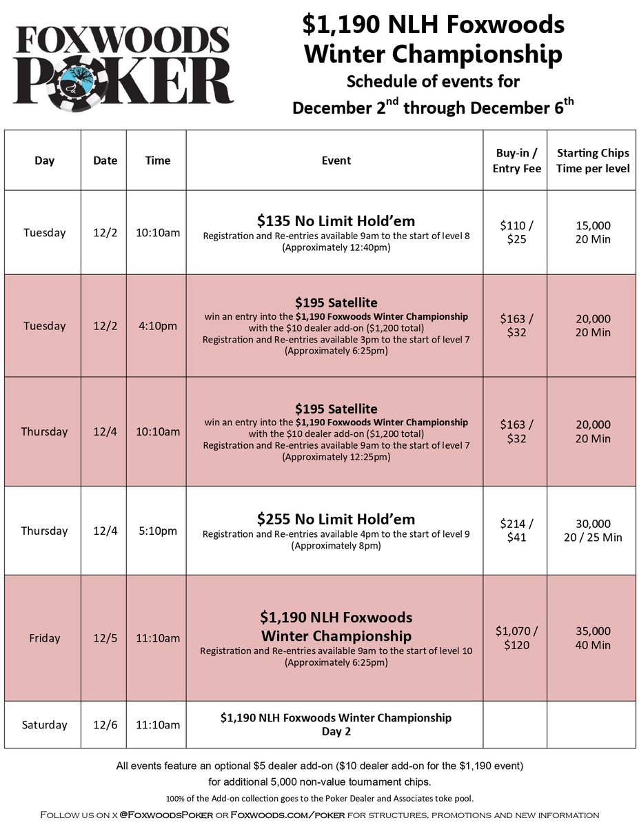 Foxwoods Winter Championship Full Week Schedule, also available at foxwoods.com/poker