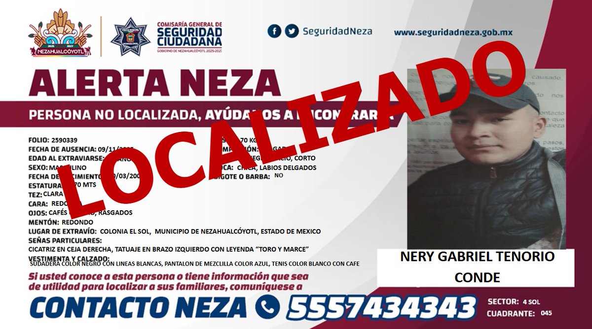 AlertaNeza's tweet photo. ☑️ #AlertaNeza| Agradecemos tu ayuda, #Nery Gabriel Tenorio Conde ha sido localizado. https://t.co/YpN5xBu6Aj