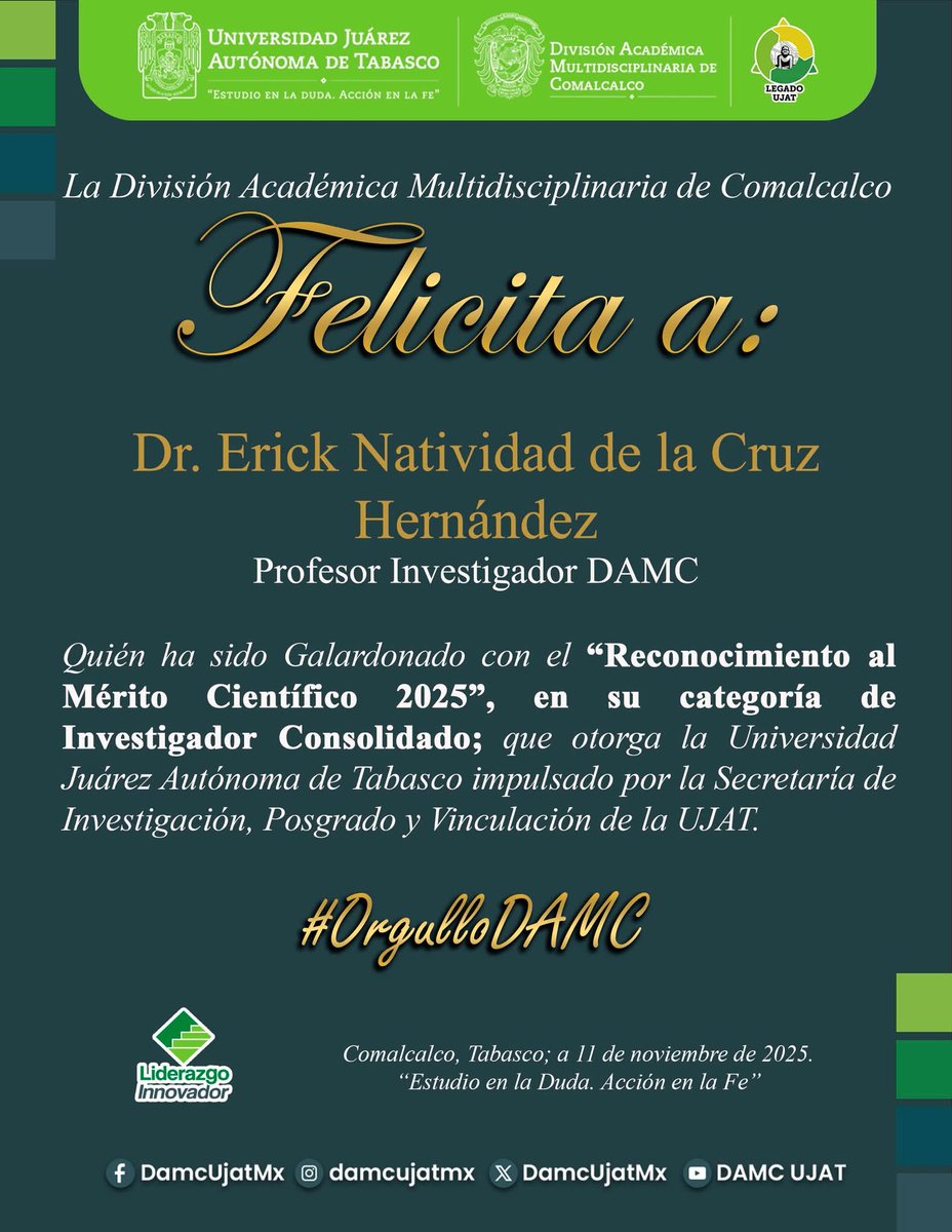 👏❗️Felicitamos al Dr. Erick Natividad de la Cruz Hernández❗️por recibir el 🎖Reconocimiento al Mérito Científico 2025.
Este reconocimiento resalta el compromiso, la dedicación y el fortalecimiento de la ciencia, desde la perspectiva de la enseñanza y el aprendizaje.
#OrgulloDAMC