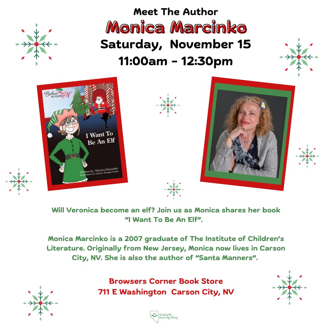 friendsofcclib's tweet photo. Will Veronica become an elf? Join us at Browsers on Saturday, November 15 from 11:00am-12:30pm to find out! #browserscornerbookstore #friendsofthecarsoncitylibrary #carsoncity #iwanttobeanelf #monicamarcinko #booktok #authortok #authortalk https://t.co/gf9UaRbRqv
