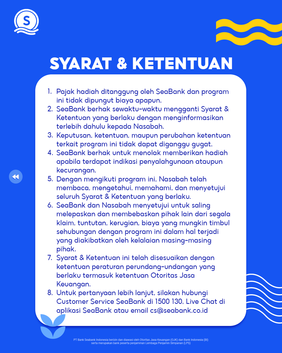 KESEMPATAN MENANG IPHONE 17 MASIH TERBUKA LEBAR!

Hai Sobat SeaBank. GIVEAWAY IPHONE 17, masih berlangsung nih! Jangan lupa ikuti syarat dan ketentuannya ya!

1. Periode program berlaku pada 3 November - 25 November 2025
2. Ketentuan untuk mendapatkan hadiah Giveaway:
a.  Peserta