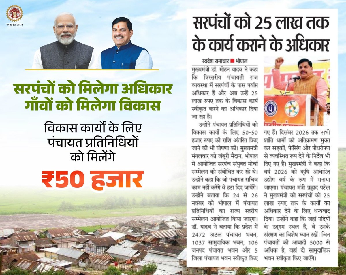 minprdd's tweet image. सरपंचों को मिलेगा अधिकार
गाँवों को मिलेगा विकास
---
मुख्यमंत्री डॉ. मोहन यादव ने किया बड़ा ऐलान —

✅पंचायत प्रतिनिधियों को ₹𝟓𝟎,𝟎𝟎𝟎 की राशि मिलेगी विकास कार्यों के लिए।

@DrMohanYadav51 
@prahladspatel 
#SashaktPanchayat 
#GrameenVikas  
#MadhyaPradesh
