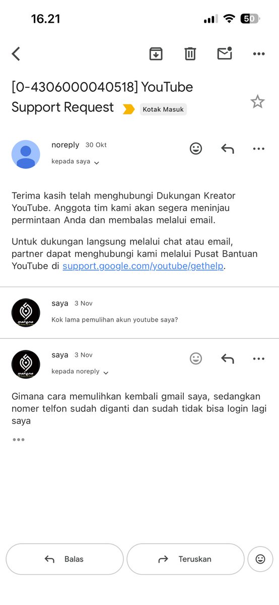 Acink217's tweet photo. Mohon tindak lajutnya @TeamYouTube untuk akun youtube saya yang emailnya diretas. Sudah sekitar 13 hari tidak ada balasan dari pihak google setelah saya bikin laporan. 
Dm juga responnya hanya disuruh tunggu kabar selanjutnya. Ini sangat lambat sekali penanganannya https://t.co/KkPE85Gu5I