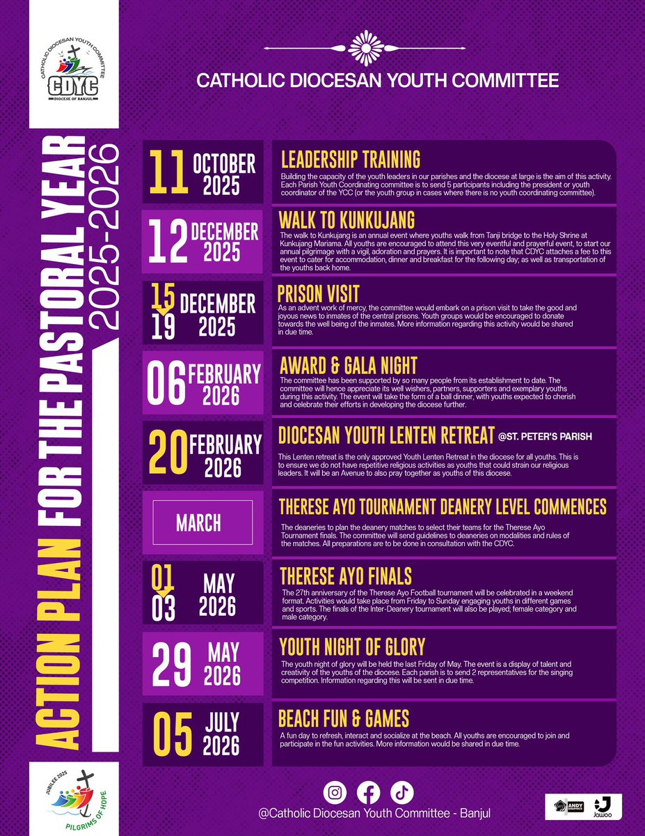 As we begin a new pastoral year, the CDYC encourages all parish youth groups across the Diocese of Banjul to take note of the diocesan activity calendar and plan their own programs 
accordingly.💜🙏

Together let’s build a vibrant and faith-driven youth community! 💪🔥