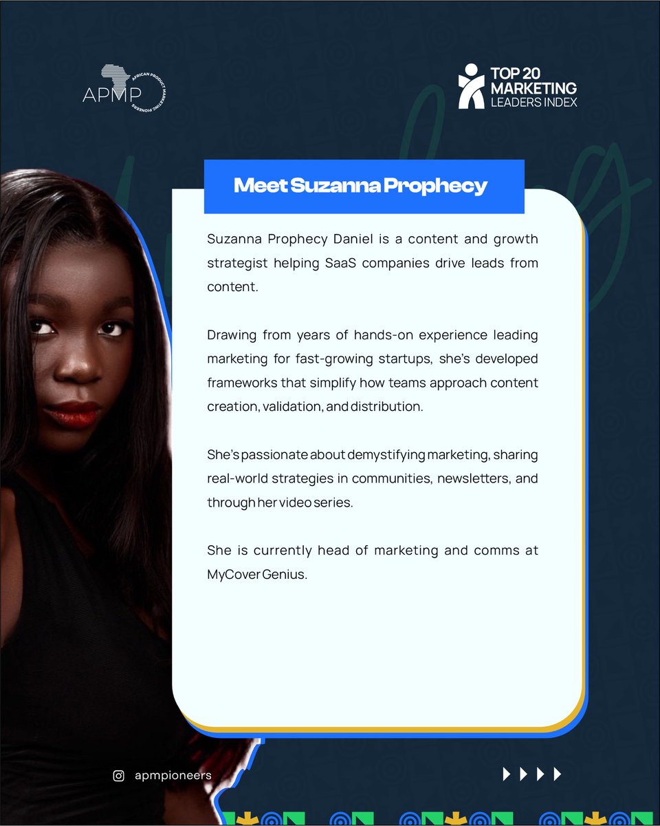 Apmpioneers's tweet image. Introducing Suzanna, one of Africa’s Top 20 Marketing Leaders of 2025 🎉

Suzanna represents the creativity, leadership, and resilience shaping Africa’s marketing story.