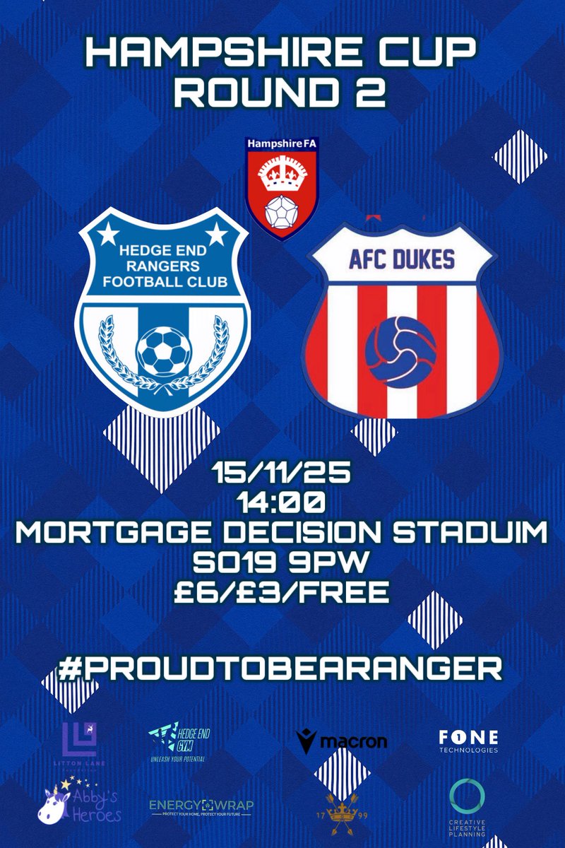 HedgeEndRangers's tweet image. BACK AT BASE SATURDAY 

It’s round 2 of the Hampshire Cup and we face @afcdukes_SMT at the Mortgage decision Stadium 

Free Entry for project 10,000, @SouthamptonFC &amp;amp; @EastleighFC season ticket holders 

🎟️: £6/£3 / FREE 
🍔: OPEN @ 12:30
🍺: OPEN @ 12:30