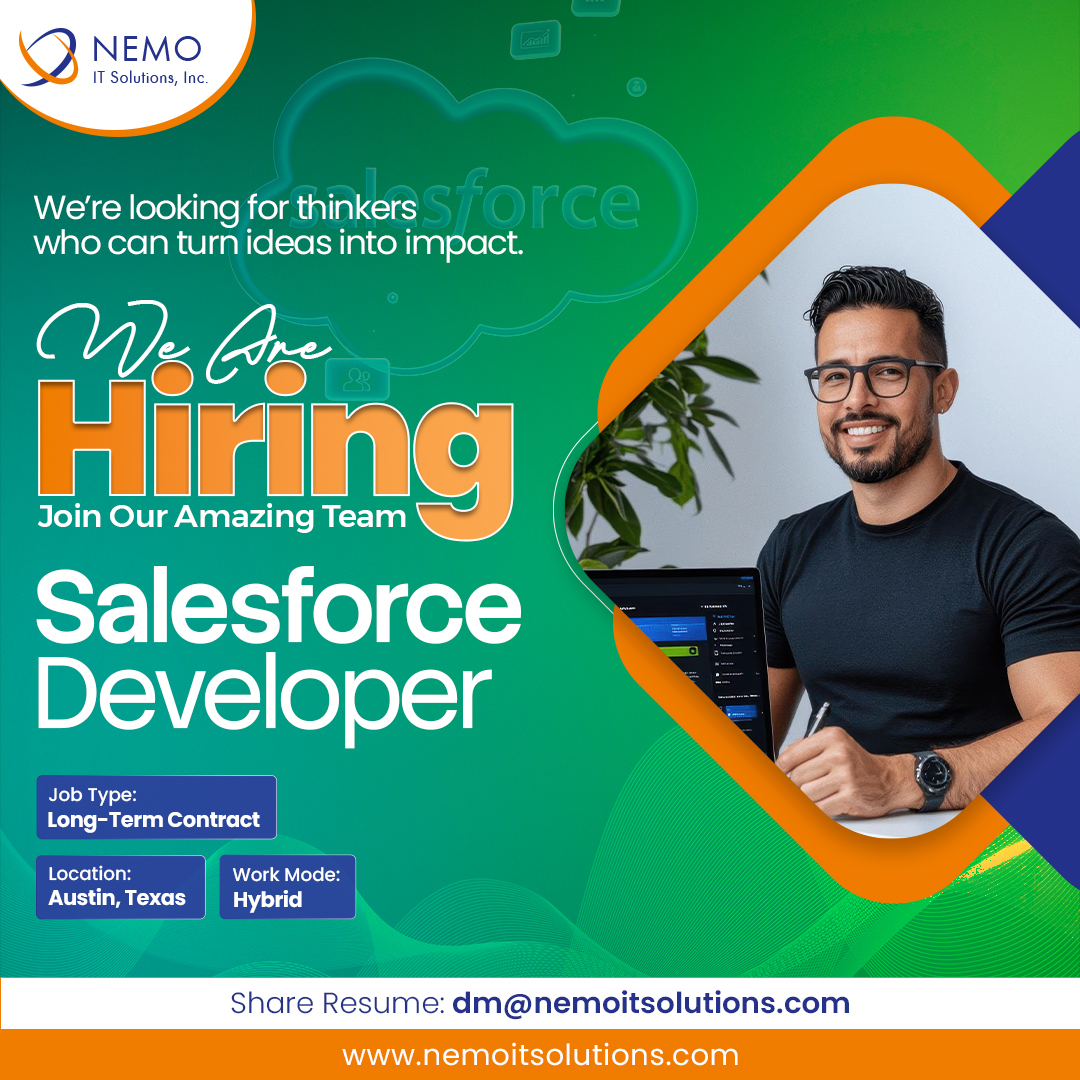 nemoitsolutions's tweet image. 🚀 Join the Future with @nemoitsolutions Inc  !

👩‍💻 Role: Salesforce Developer
📩 Apply Now: dm@nemoitsolutions.com
.
.
.
#SalesforceDeveloper #TechJobs #AustinJobs #HybridWork #NemoITSolutions #NowHiring #SalesforceCareers #DevelopersWanted #ITJobsUSA #CareerGrowth #JoinTheTeam