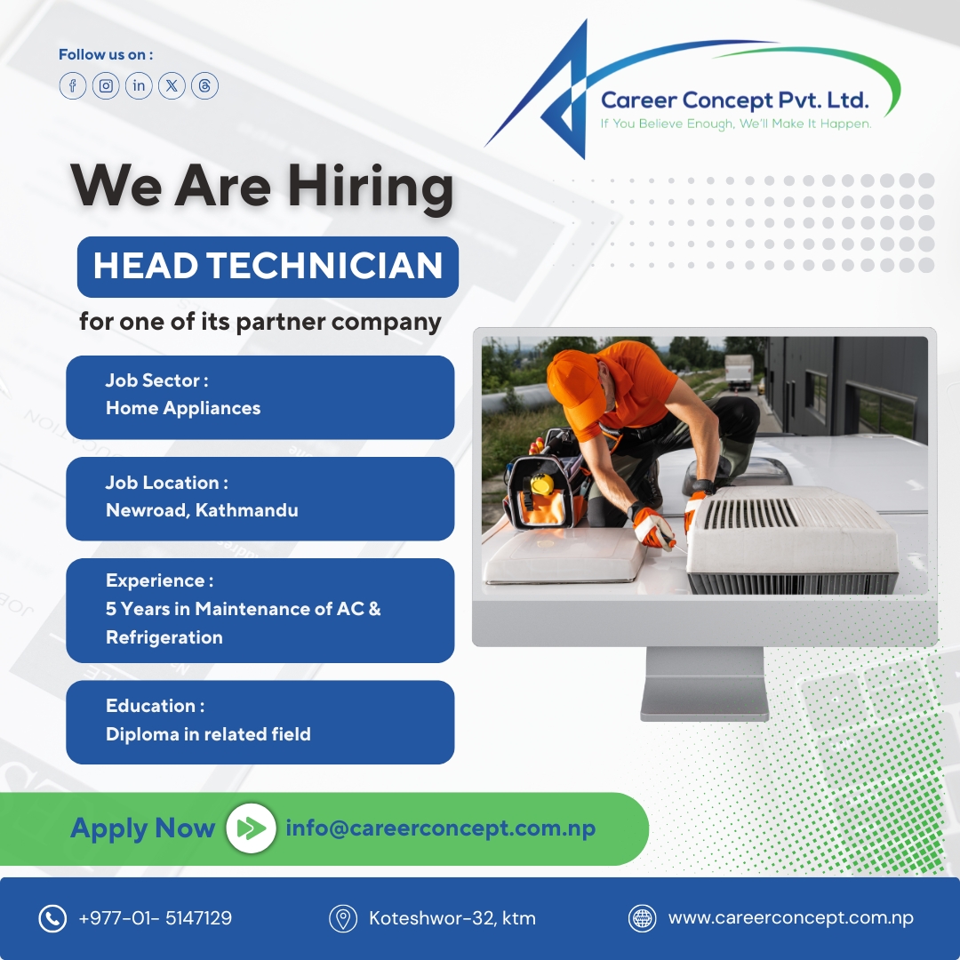 career_concept_'s tweet image. !!!Urgently Required!!!
Send your CV/Resume to info@careerconcept.com.np, mentioning a position you applied for.
Visit our website: careerconcept.com.np
#QAEngineer #QAOfficer #AutomationTesting #Selenium #Cypress #HeadTechnician #CCTVTechnician #ACMaintenance