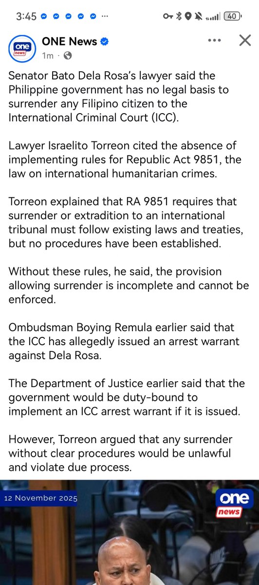 AnnaMalindogUy's tweet photo. How the Impending/Potential ICC Arrest of Sen. Bato Dela Rosa Once Again Threatens Philippine Sovereignty
Suppose the International Criminal Court (ICC) moves to arrest a sitting and incumbent Philippine senator. In that case, it is not just Ronald “Bato” Dela Rosa and former President Rodrigo Duterte who stand accused—it is the Republic of the Philippines itself that is on trial. Suppose the Marcos administration, for the second time, allows a foreign tribunal to exercise moral and legal judgment over one of our own again, in that case, it will mark another irreversible precedent in our history: a formal confession that under Marcos Jr.’s Presidency, our courts, prosecutors, and institutions are too constrained, maybe too politicized, or probably too complicit to dispense justice within our own borders. 

Mr. President Marcos Jr., if you allow this a second time, it will haunt you and every administration that follows. For the second time, the Philippines risks submitting one of its own —a sitting senator, at that —to a foreign judgment, not because justice demands it, but because domestic politics allows it. This is not accountability—it is abdication. It sends a chilling message that, under a Marcos Jr. presidency, the justice system no longer commands sufficient credibility or judicial sovereignty to try its own citizens, and that political expediency now dictates our moral compass.

The irony is blinding. Those who once screamed “PH sovereignty and independence” when external forces/powers encroach and subjugate us through whatever means, are now applauding international intervention because it targets someone from the other side of the political fence. This hypocrisy is glaring. This is not moral courage; it is moral convenience. The Philippines withdrew from the Rome Statute in 2019. The ICC has no standing jurisdiction in the Philippines. We are not a failed state, and our judiciary continues to function. Yet by entertaining a foreign warrant, we invite outsiders to discipline our own, as though we were a colony incapable of governing ourselves. 

Good heavens! What a national disgrace! Our forefathers, who once bled for this country’s sovereignty and independence, must be turning in their graves, mourning how cheaply the hard-won Philippine Independence is now being bartered away just because of domestic politics and bickering between and among political factions. 

If the Marcos administration turns over Sen. Bato, it will be remembered not as a victory for justice but as a Politics of Submission. It will signify an admission of his impotence—a signal to the world that the Philippines can no longer uphold justice without the supervision of foreign judges. It will tell our allies and adversaries alike that our sovereignty is negotiable and that our leaders are willing to trade it for temporary political advantage or applause from Western capitals.

Such surrender of sovereignty diminishes not only the Marcos Jr. administration but the nation itself. Our forefathers bled for independence from colonizers who claimed to know what was best for us. Today, by allowing an external tribunal to define justice in our land, we risk undoing that legacy. This is not about justice or strengthening the rule of law. This is outsourcing it, in the same manner that under Marcos Jr.’s presidency is outsourcing our national security from the Western alliance led by the United States. 

The real defendant here is not Rodrigo Duterte or Dela Rosa. It is the Republic of the Philippines. This moment exposes the deeper rot within our domestic politics: institutions hollowed out by factionalism, elites incapable of self-correction, and a public this is being conditioned to seek moral validation from abroad. We mistake submission for virtue, and foreign applause for legitimacy.

The Marcos administration may enjoy fleeting praise from the West, but history will be far less forgiving. It will record this as a self-inflicted wound, a moment of disgrace when the Philippines confessed before the world that it could not govern itself under Marcos Jr.’s presidency. 

So, Mr. President Marcos Jr., pause and think deeply before you raise your hand or utter your command on this matter. Another reckless will again stain the very dignity, independence, and sovereignty of the nation you swore to uphold and lead. 

Folks, the true crime is not what the ICC alleges—it is our surrender of the very sovereignty that once made us free and independent!