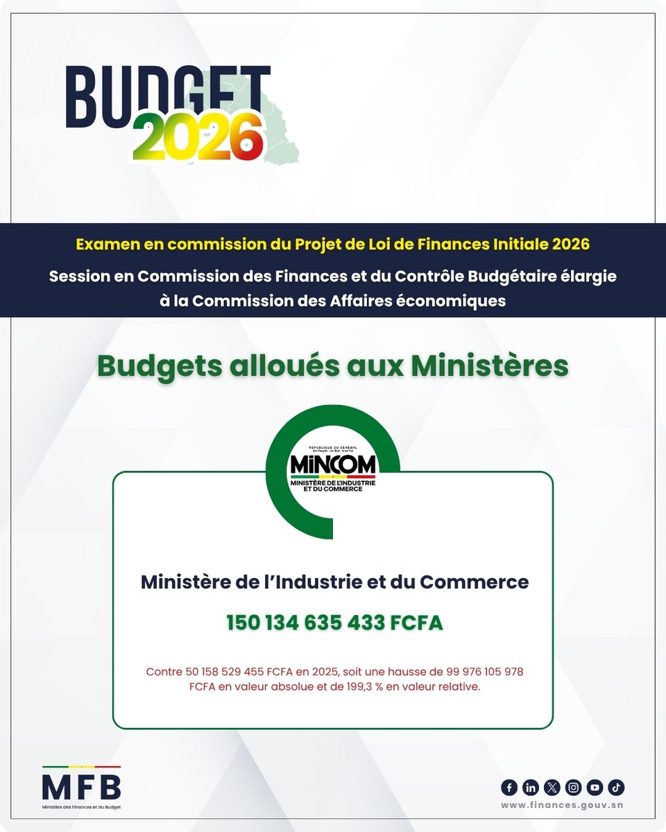 mfb_sn's tweet image. 11_11_2025
#Budget2026 | Examen en Commission du Projet de Loi de Finances Initiale 2026 : adoption des projets de budget des Ministères de l’Industrie et du Commerce, et de l’Environnement et de la Transition écologique