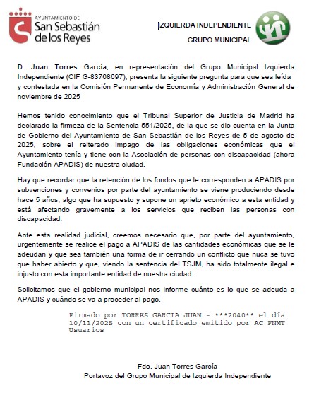juantorresga's tweet image. Hace 4 meses que el Tribunal Superior Justicia dió la razón a @APADISASOC y obligaba al ayuntamiento #Sanse a abonarle el dinero retenido. A día de hoy aún no les han pagado. Desde @IISanse Izquierda Independiente pregúntanos al gobierno cuando van a cumplir la sentencia y pagar