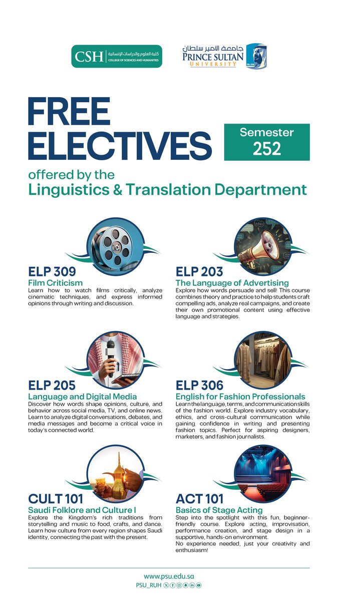 CSH_PSU's tweet image. المقررات الحرة في قسم اللغويات والترجمة بكلية العلوم والدراسات الإنسانية للفصل الدراسي(252).