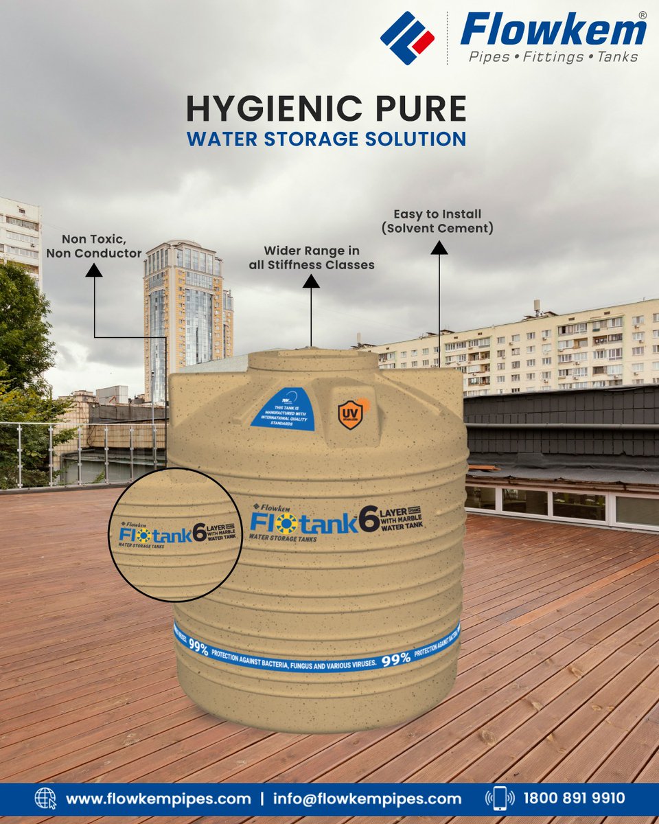 Flowkem1's tweet image. Your family deserves pure, safe &amp;amp; hygienic water every day 💧
Flowkem’s 6-layer FloTank gives 99% protection from bacteria, fungus &amp;amp; UV rays — built to last and care for your health.
#Flowkem #WaterStorageTank #FloTank #6LayerTank #PureWater #HygienicWater #SafeWaterStorage