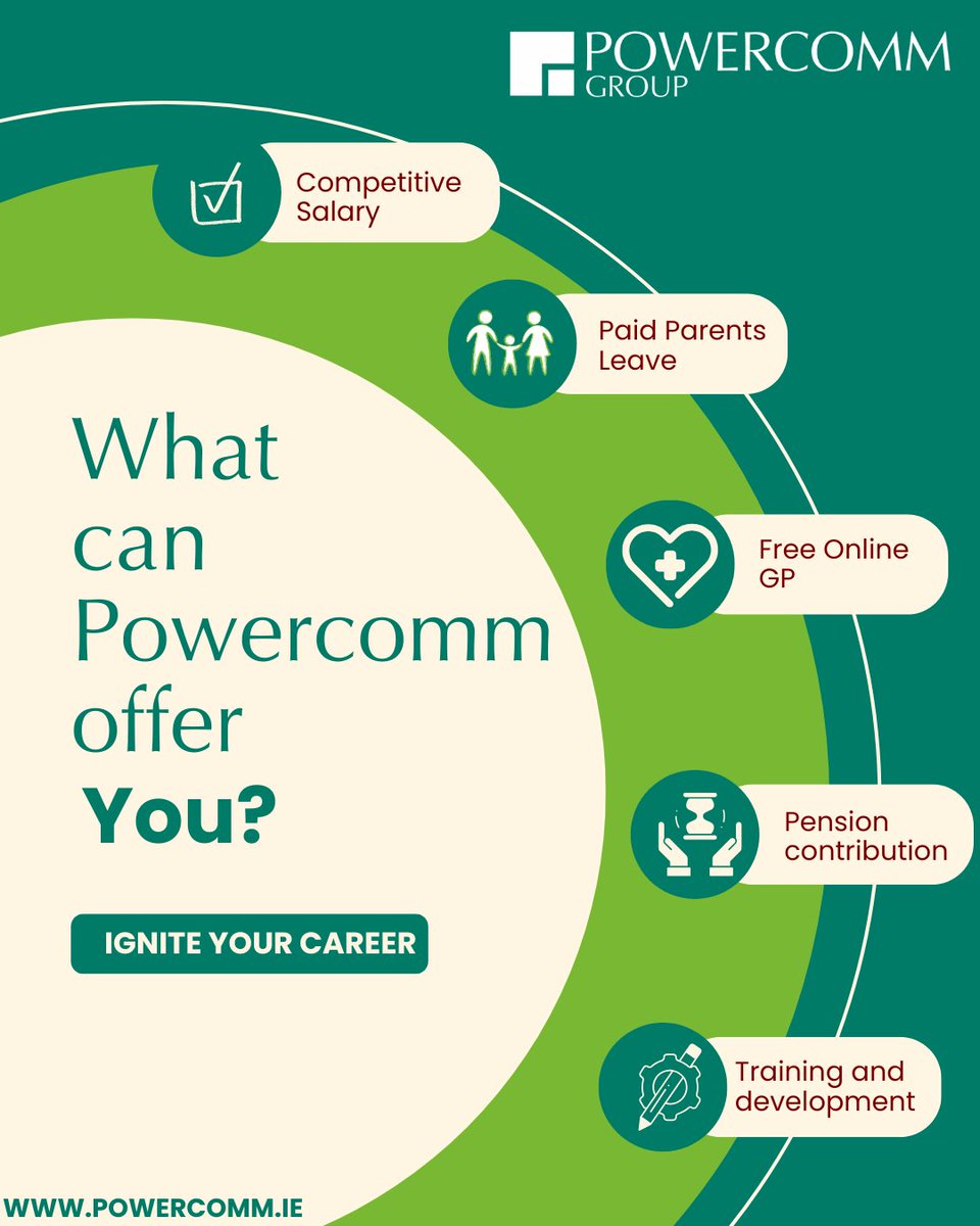 PowercommGroup's tweet image. Why Work for Powercomm?
At Powercomm, we value our people. From paid family leave and competitive salaries to free online GP access, pension contributions and ongoing training, we invest in your wellbeing and your future. #workforus #teampowercomm