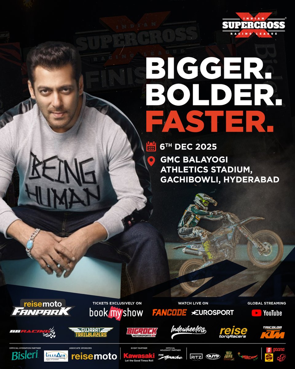 “I’ll be there at the races!” — <a href="/BeingSalmanKhan/">Salman Khan</a> 

Hyderabad, the ISRL madness takes over the GMC Balayogi Athletics Stadium, Gachibowli on 6th Dec. 

Are you ready to #FlirtWithDirt?

🎟 Book your tickets now on <a href="/bookmyshow/">BookMyShow</a>  or click the link: 
in.bookmyshow.com/sports/indian-… 

#ISRL