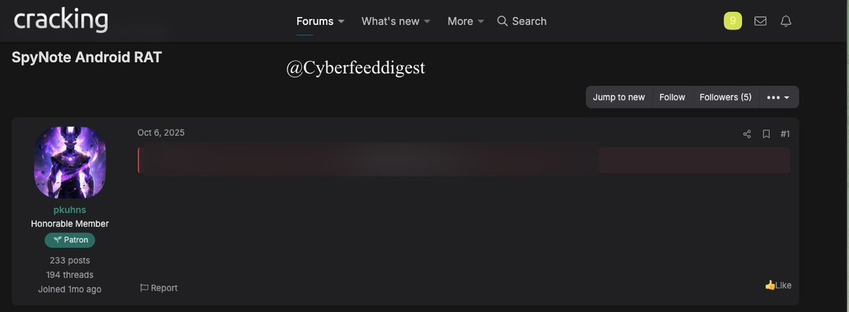 cyberfeeddigest's tweet image. 🕵️ #Darkweb Leak: SpyNote Android #RAT Exposed! 📱

A member of a #Darkweb forum allegedly shared SpyNote Android RAT, a remote access tool capable of spying, stealing credentials, recording audio/video, and full device control. Handle with caution — for #Malware analysts only.