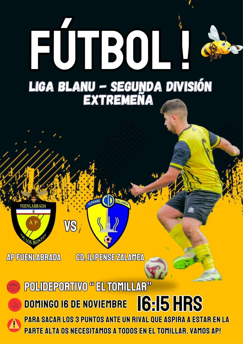 Fútbol ⚽️ 

El domingo visita el Tomillar el Ilipense Zalamea, otro rival directo que no pondrá las cosas fáciles.

AP Fuenlabrada 🟡⚫️ - 🟡🔵 Ilipense Zalamea 

📅Domingo 16
⌚️16:15 
🏟El Tomillar 

💛🖤

#vamosAP #todosaltomillar